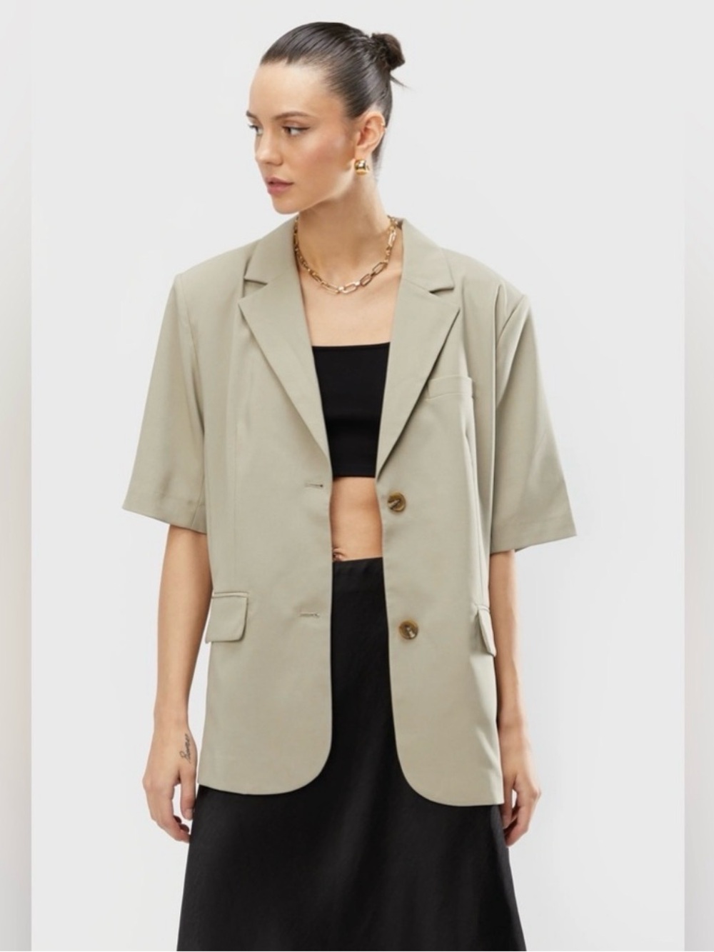 Oak + Fort Short Sleeve Beige Blazer Size Medium